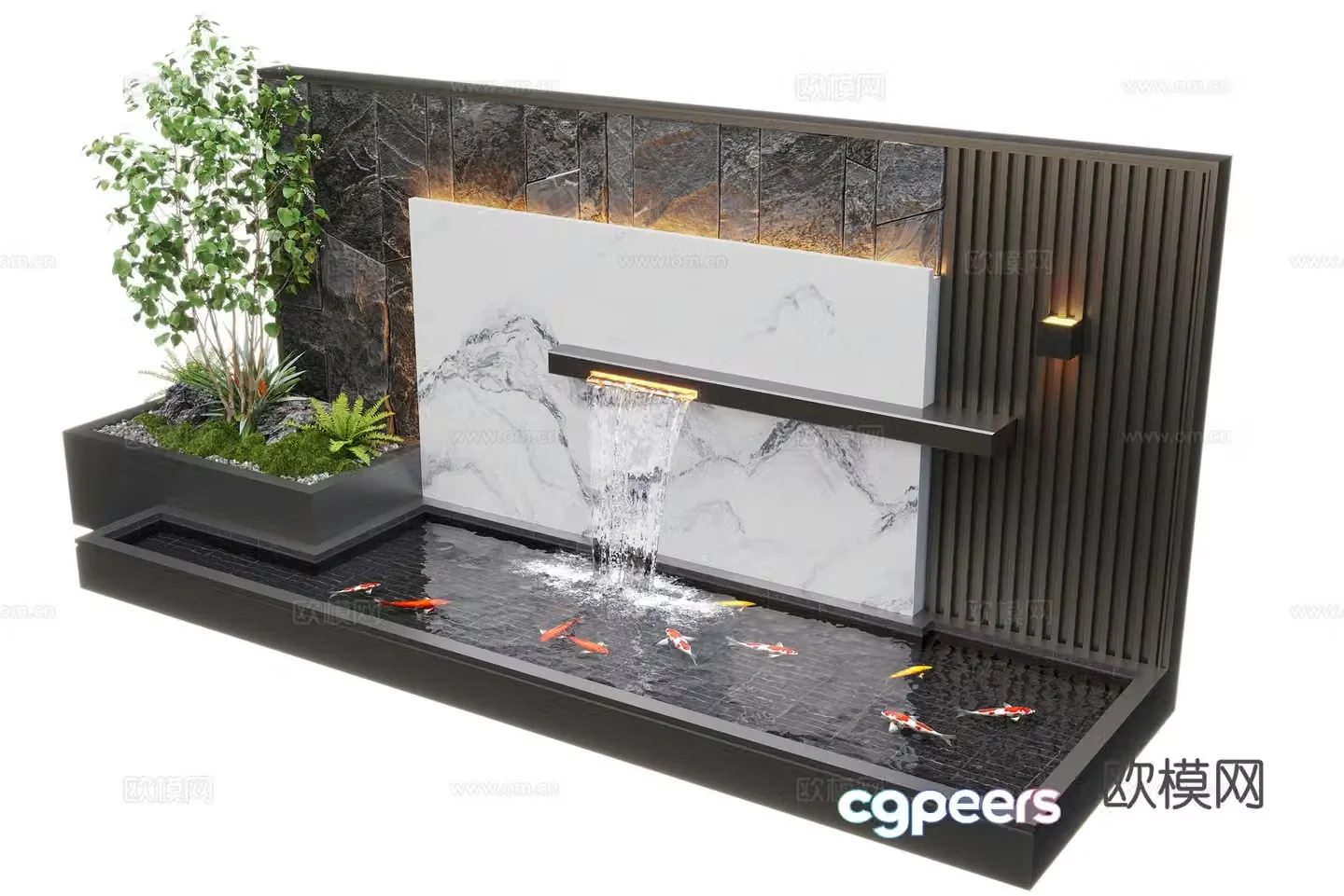 Modern courtyard waterscape waterscape wall stacked water landscape plants fish pond 3d model