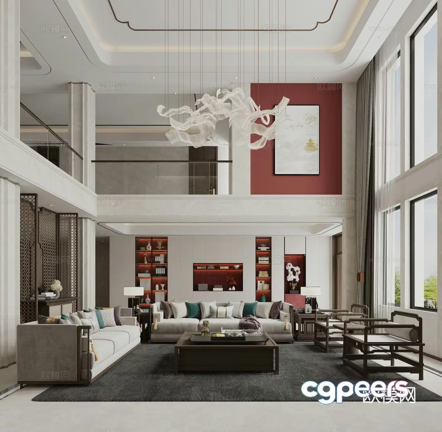New Chinese style villa empty living room 3D model