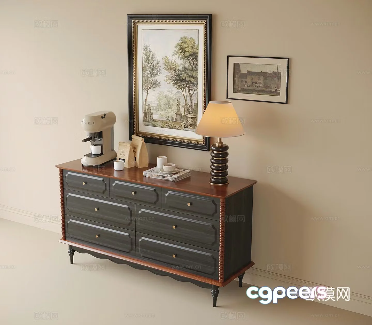 French entrance cabinet end view cabinet side cabinet high foot cabinet side cabinet 3D model