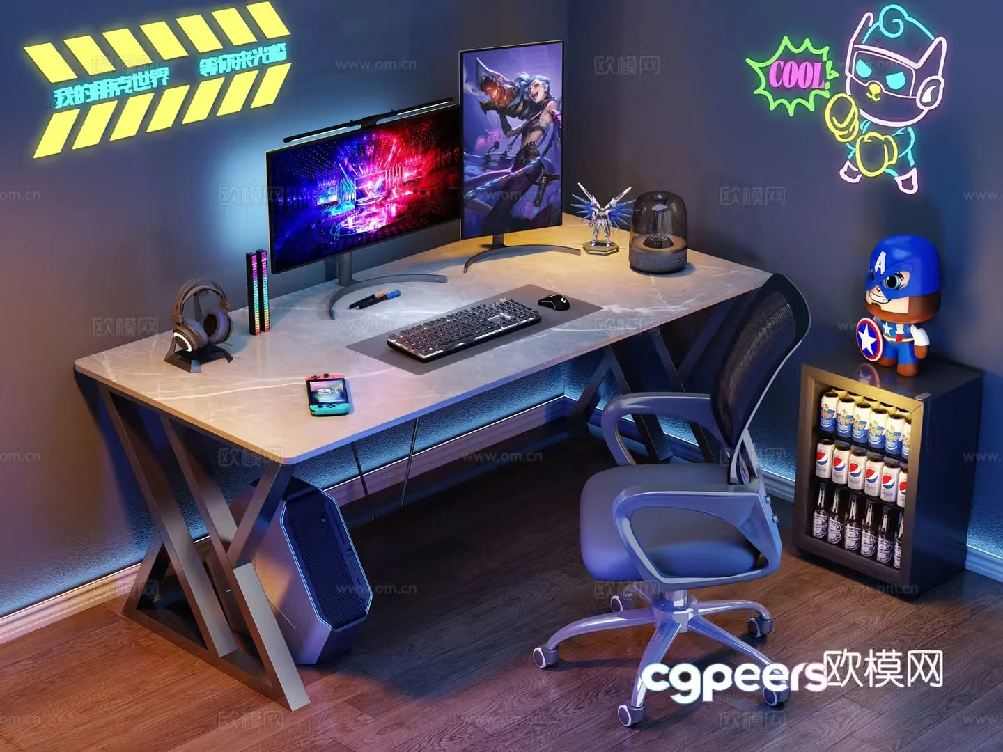 Modern desk and chair e-sports table and chair computer desk e-sports room computer ornament combination decorative lamp 3D model