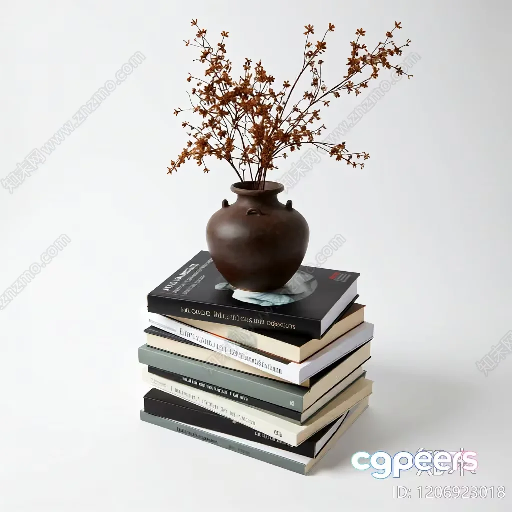 A Stack Of Books With A Vase On Top 3D Model – 1345 – VRAY Render