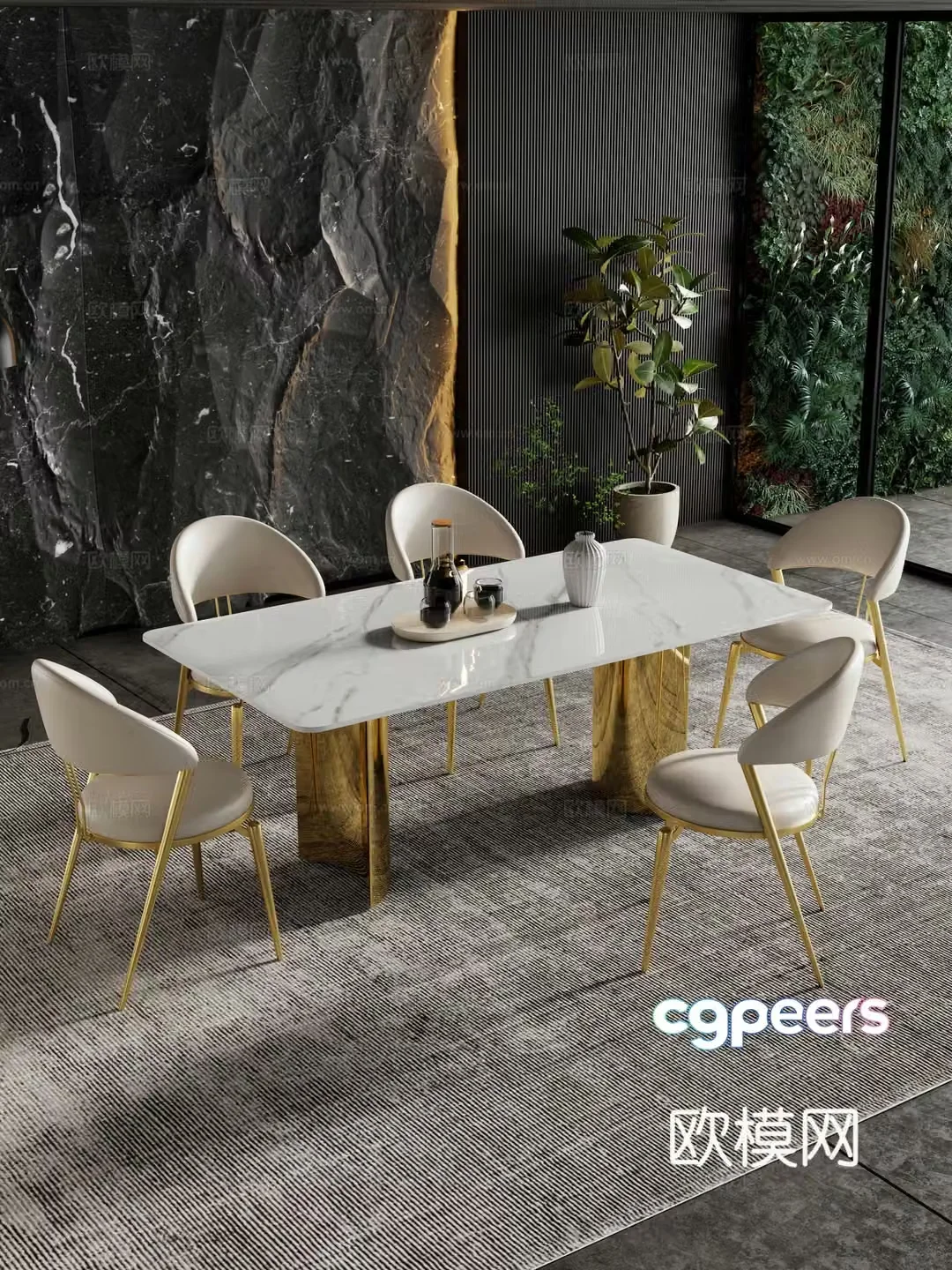 Italian restaurant dining table and chair combination rock table hanging painting decoration 3d model