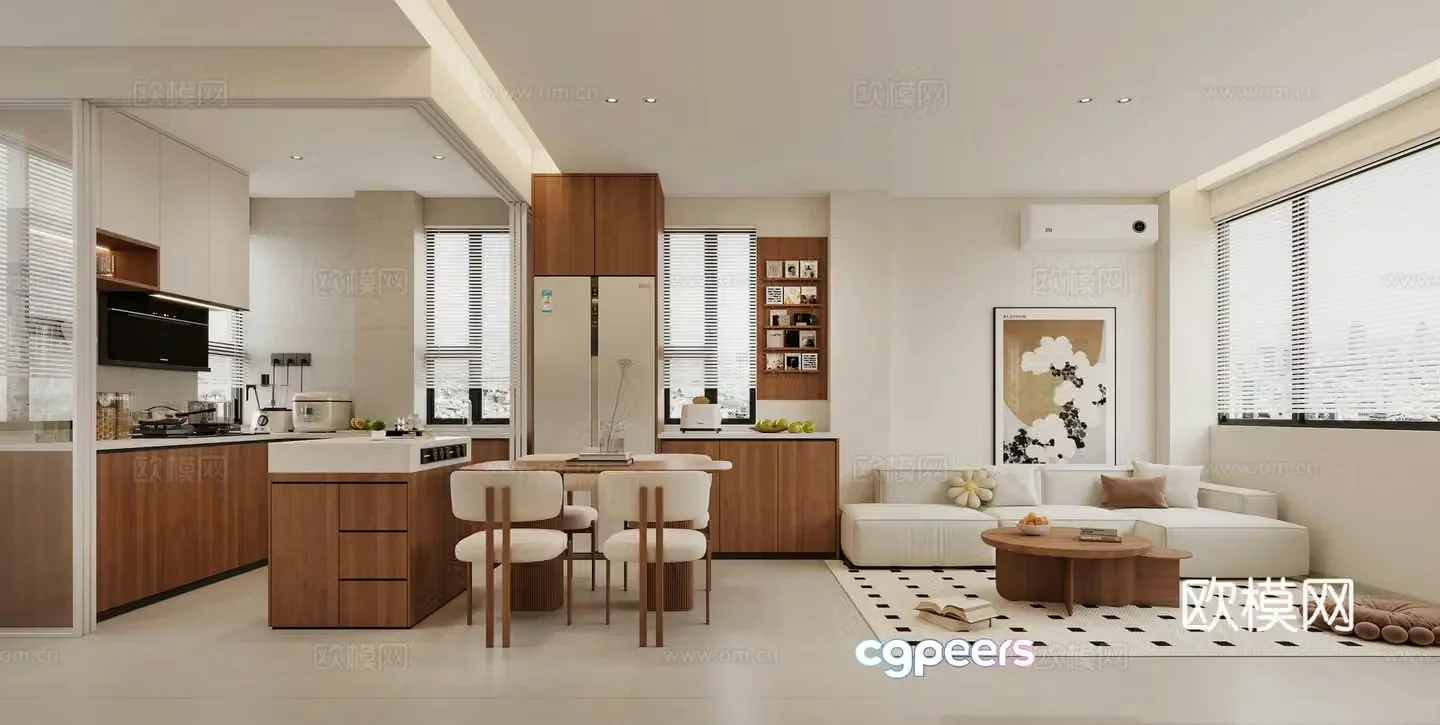 Log Cream Style Restaurant Kitchen Sofa Combination Dining Table and Chair TV Cabinet 3D Model