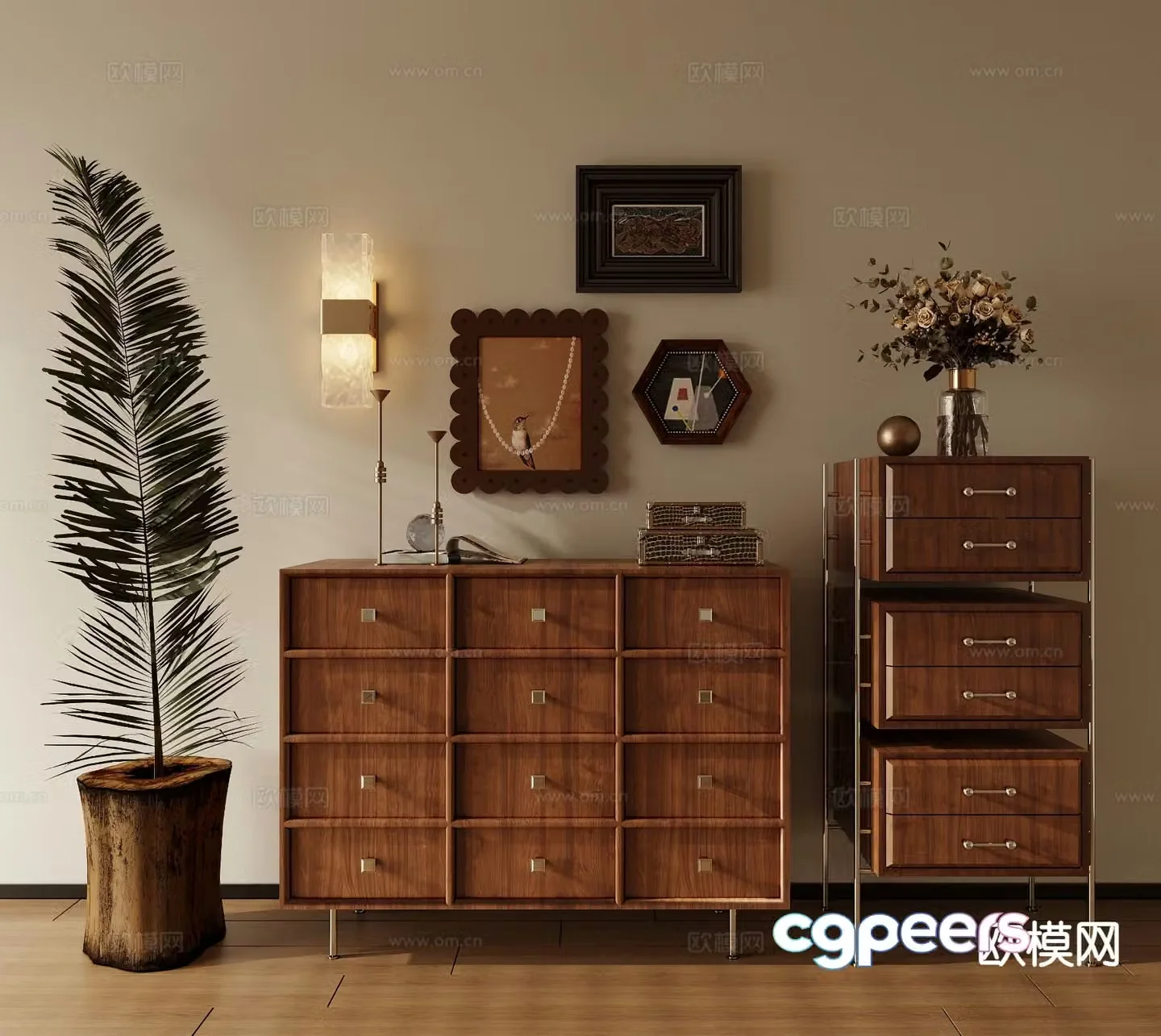 Middle-aged style chest of drawers side cabinet 3D model