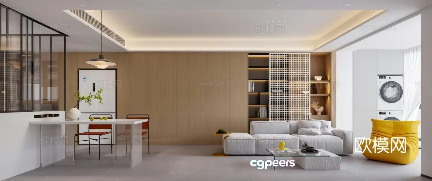 Modern minimalist living and dining room 3D model