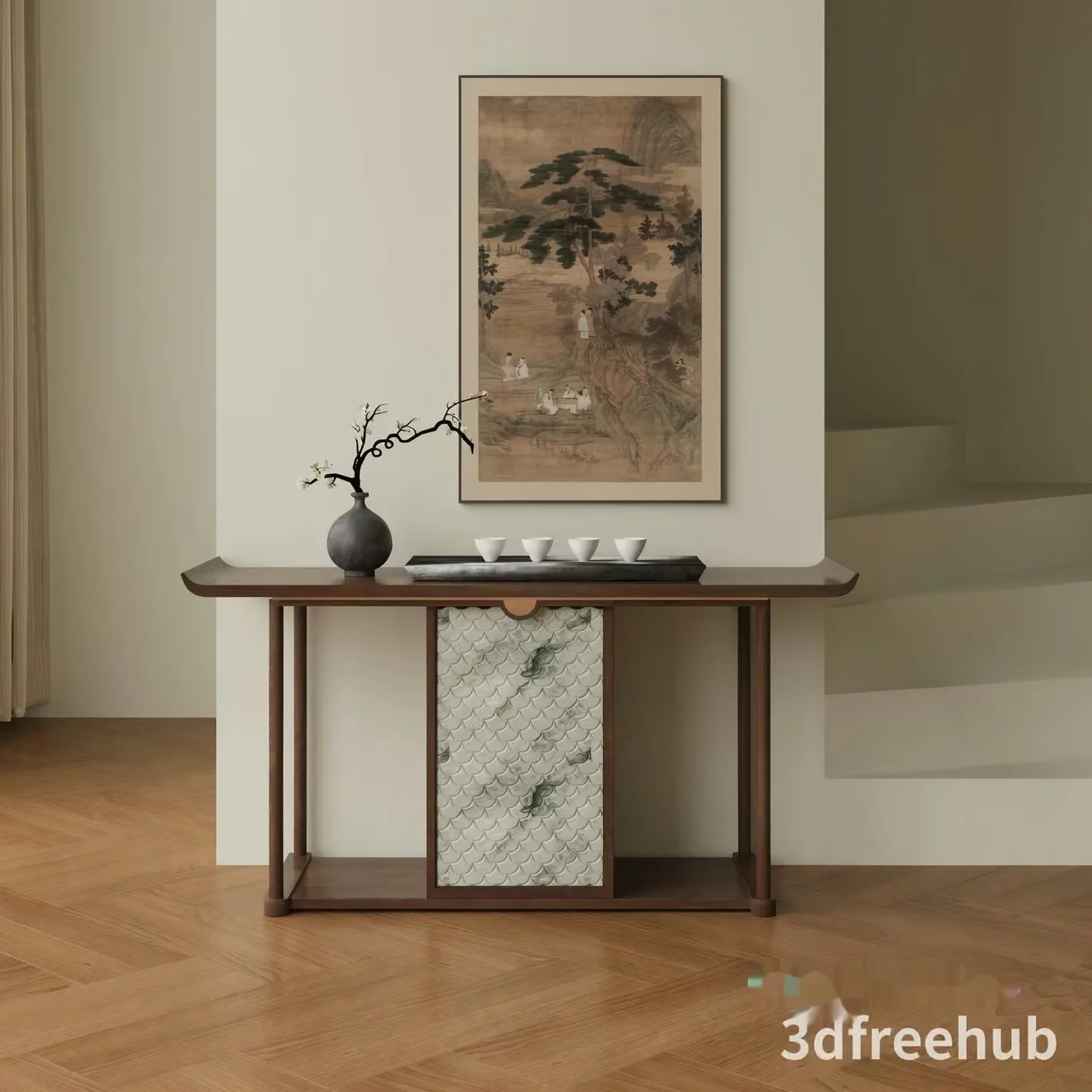 A Console Table With A Vase And Painting 3D Model – 21843 – VRAY Render