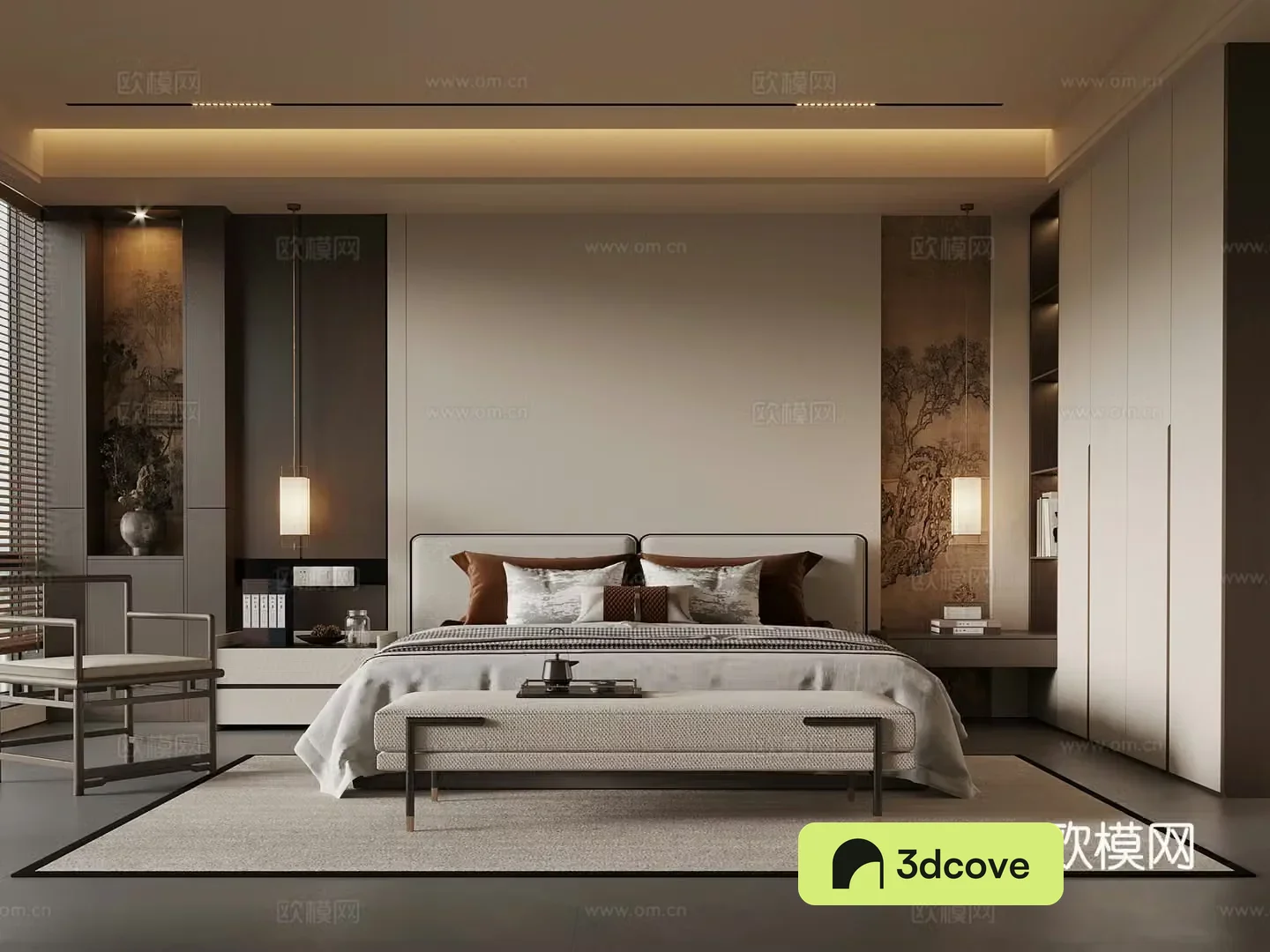 New Chinese style bedroom master bedroom double bed bedside table wardrobe