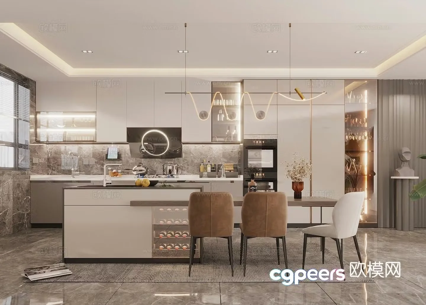Modern creamy kitchen kitchen supplies combination island dining seat combination kitchen appliances dining 3d model