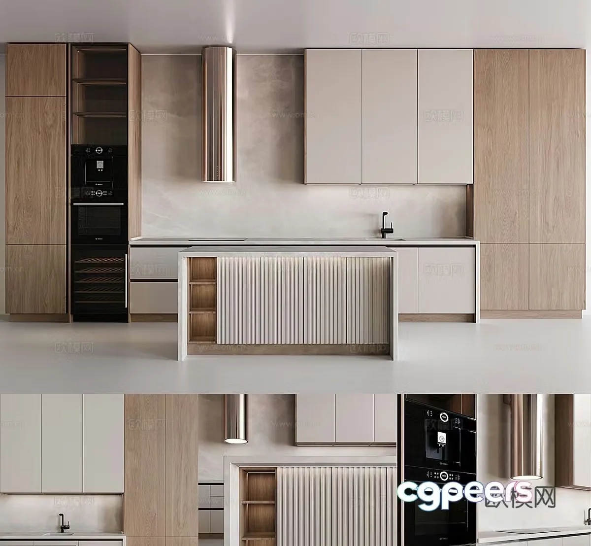 Open kitchen cabinets kitchen island kitchen utensils kitchen supplies stove oven water dragon 3d model