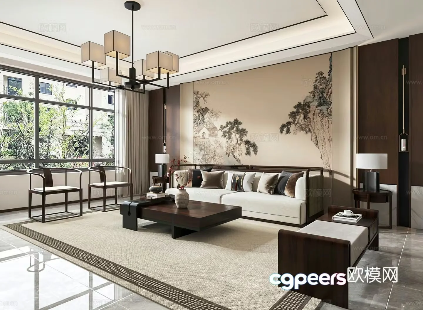 New Chinese style living and dining room sofa background wall TV background wall 3d model