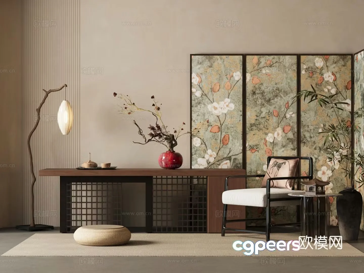 New Chinese style plan end view platform folding screen floral ornaments floor lamp 3D model