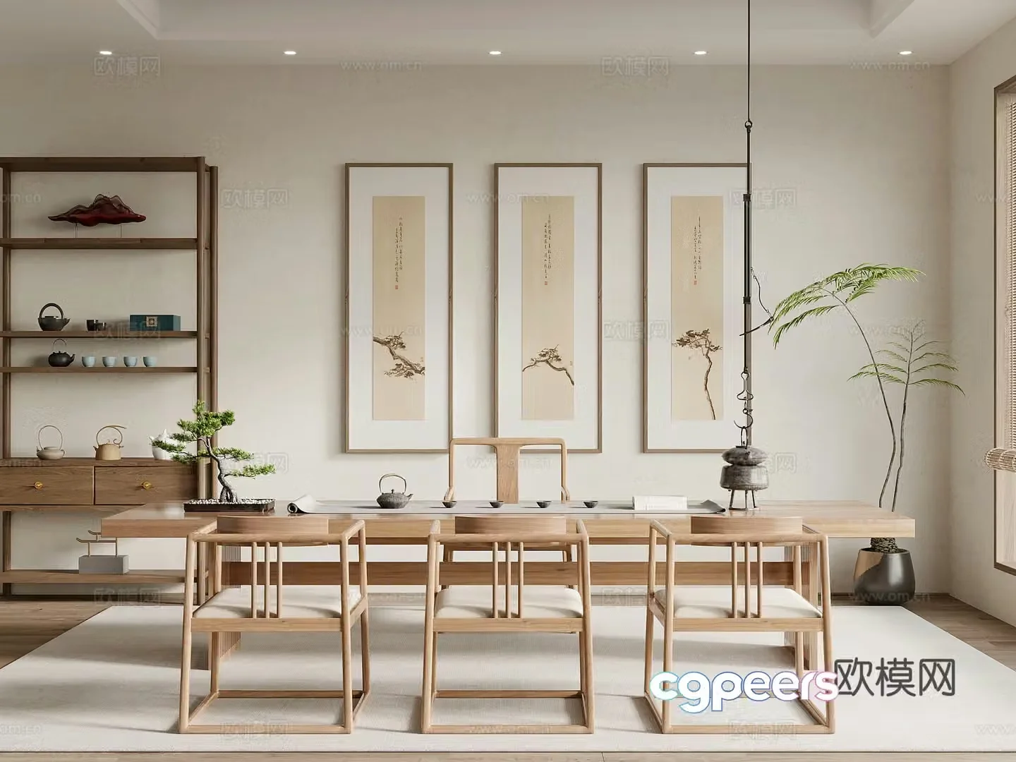 Tea room New Chinese style tea room Zen tea room Tea table and chair Bo Gu shelf 3D model