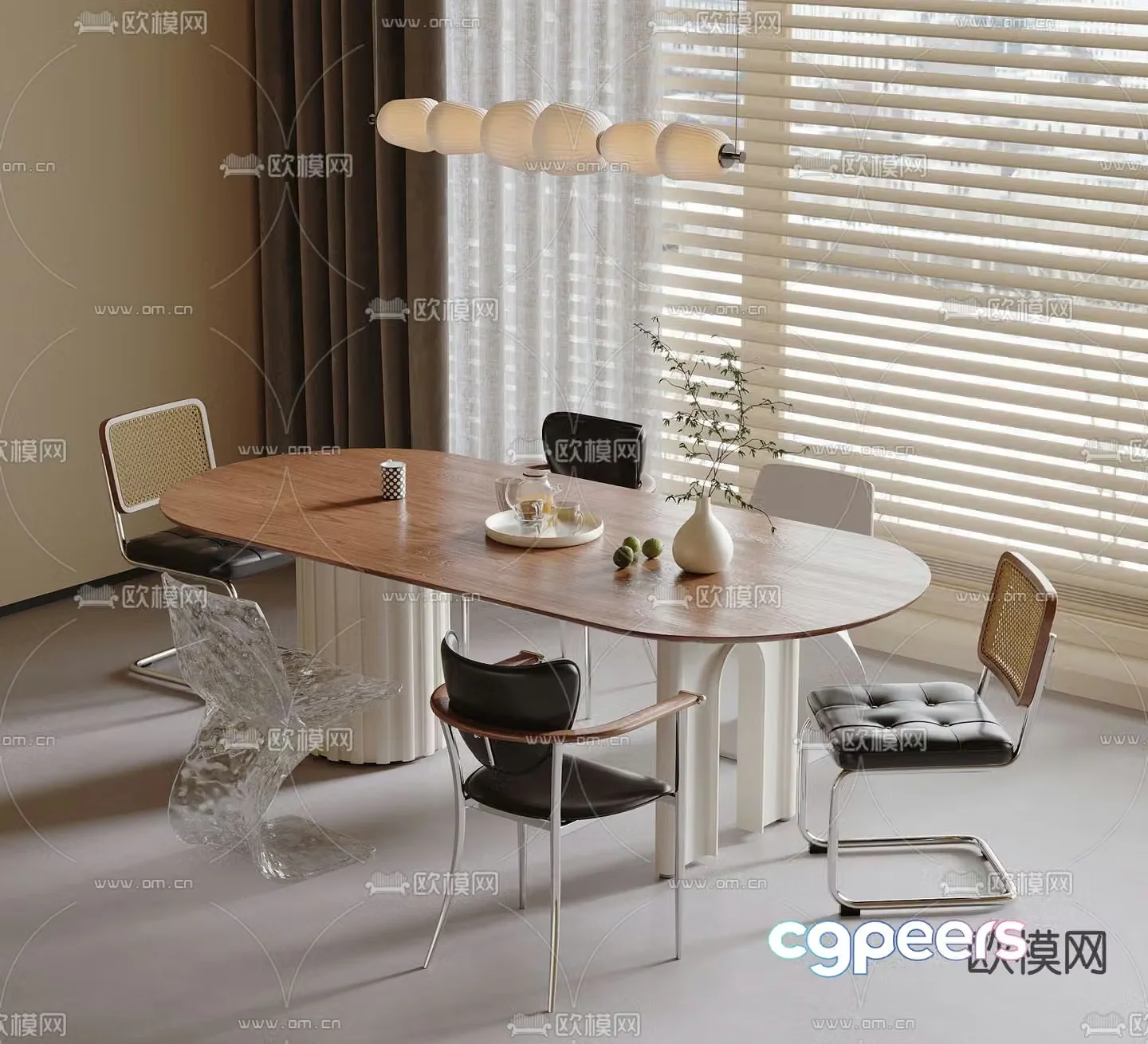 Oval dining table and chairs solid wood dining table 3d model
