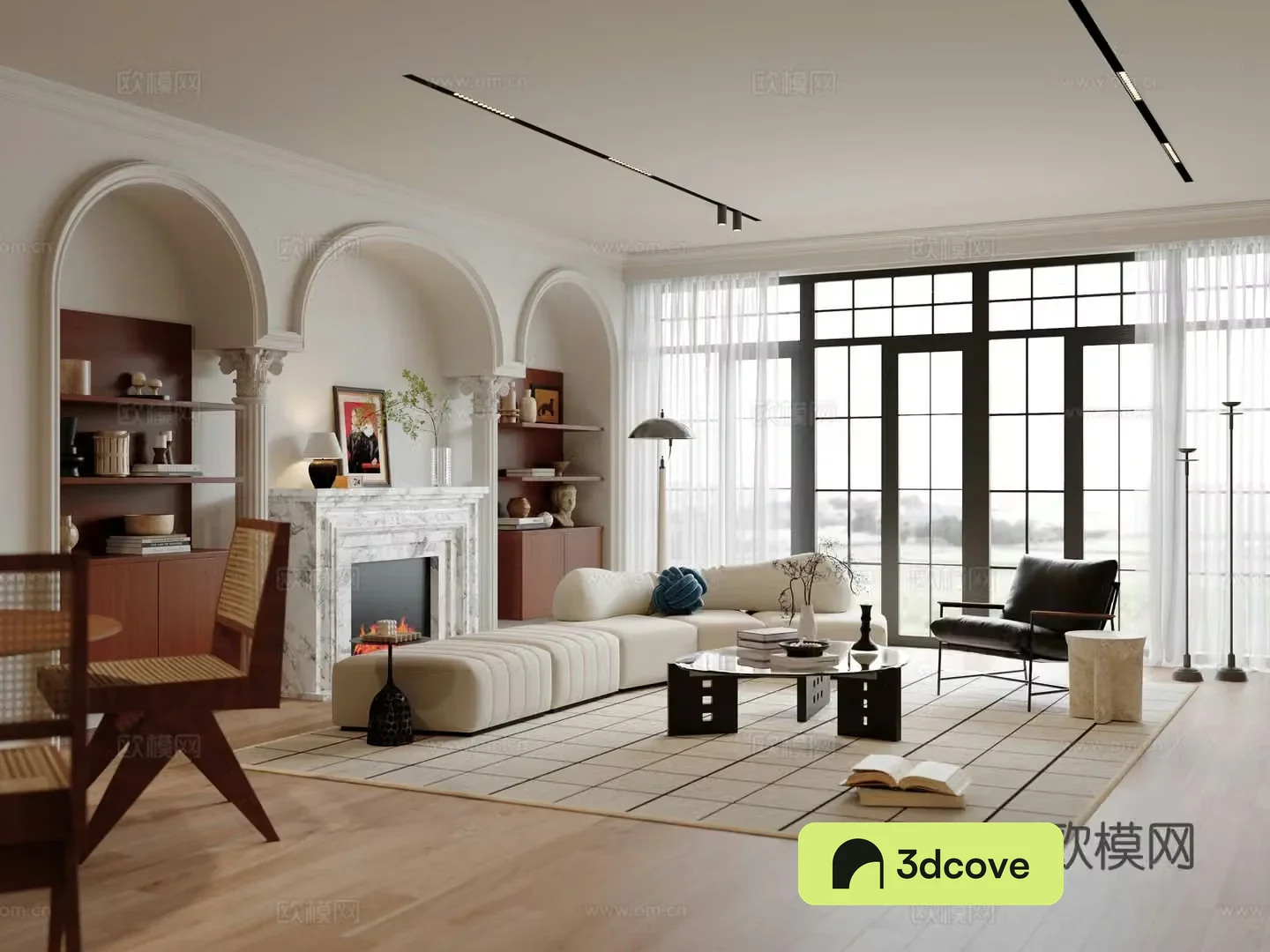 Middle style living room sofa and coffee table combination dining table and chairs accessories and decorations fireplace 3d model