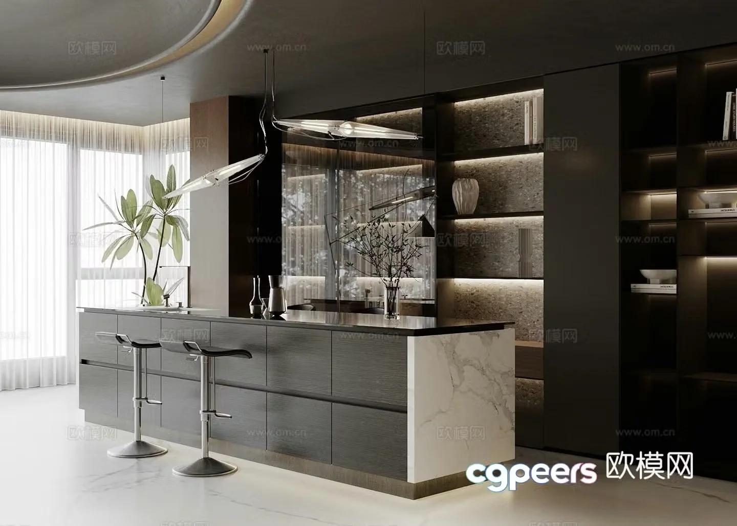 Modern island restaurant living room island kitchen island dining table and chairs kitchen dining room 3d model