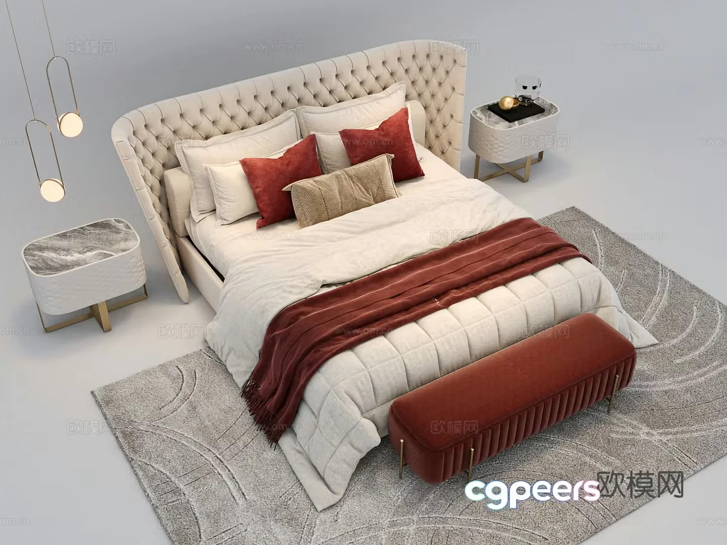 French American fabric double bed 3D model
