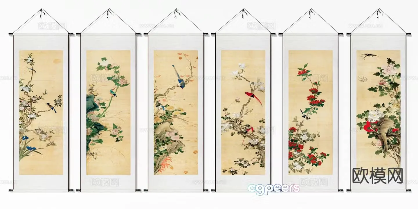 Chinese flower and bird painting scroll painting decorative painting 3d model