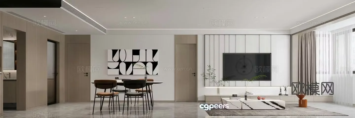 Modern living and dining room 3d model