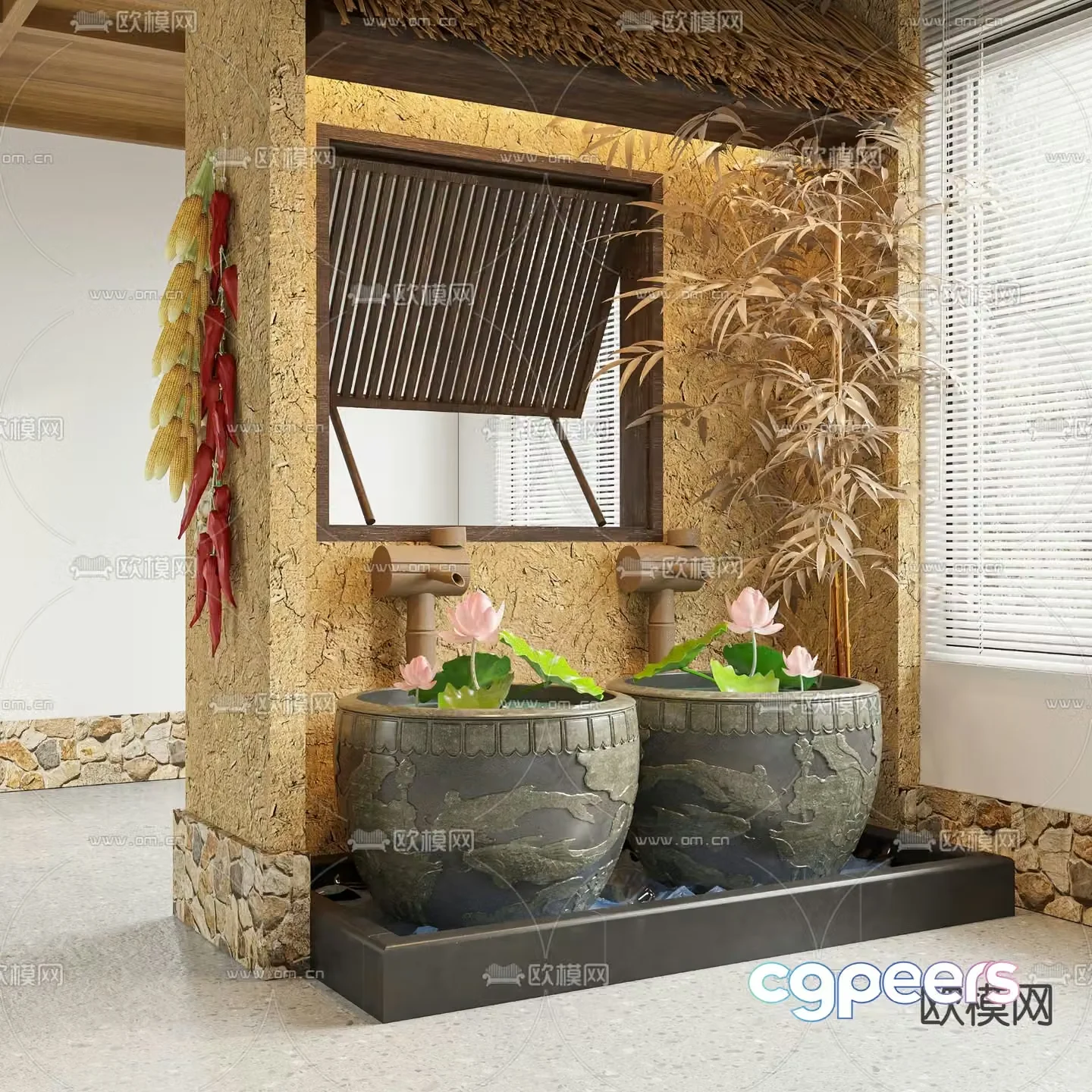 Farmhouse folk custom water tank lotus pond 3d model