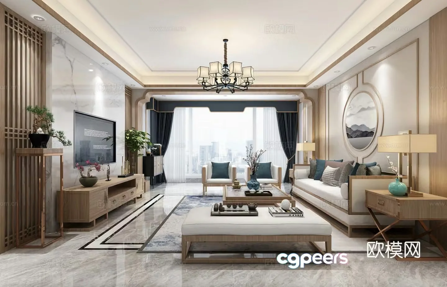 New Chinese style home decoration living and dining room 3D model