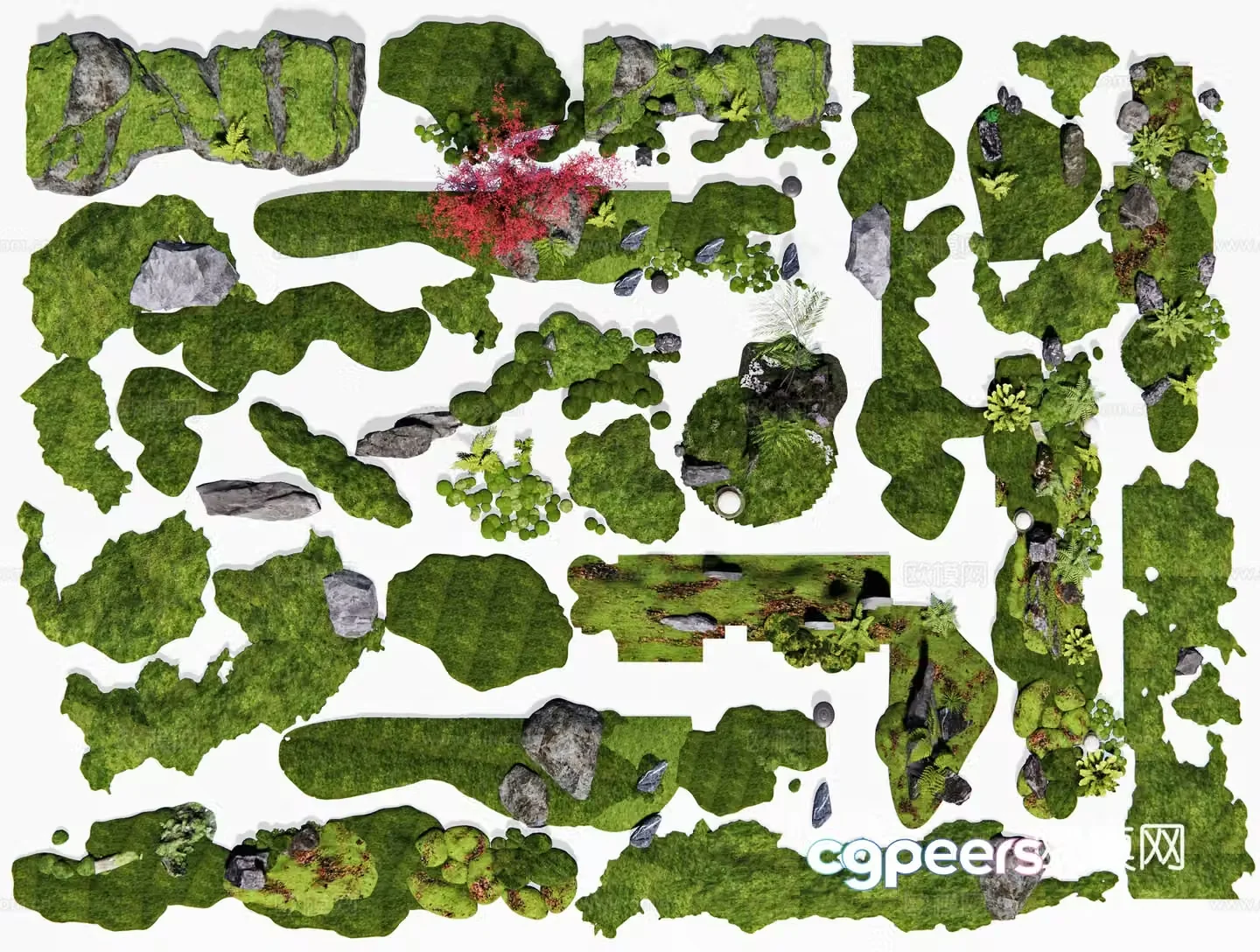 New Chinese style micro-terrain dry landscape garden sketch moss landscape green island slope 3D model