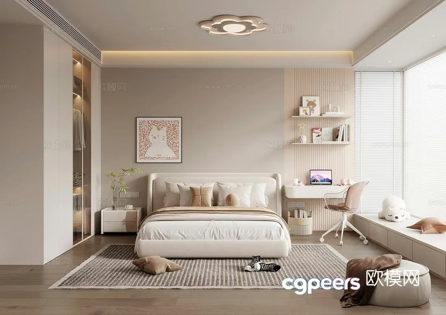 Modern bedroom Children’s room Double bed Bedside table Desk and chair Wardrobe 3d model