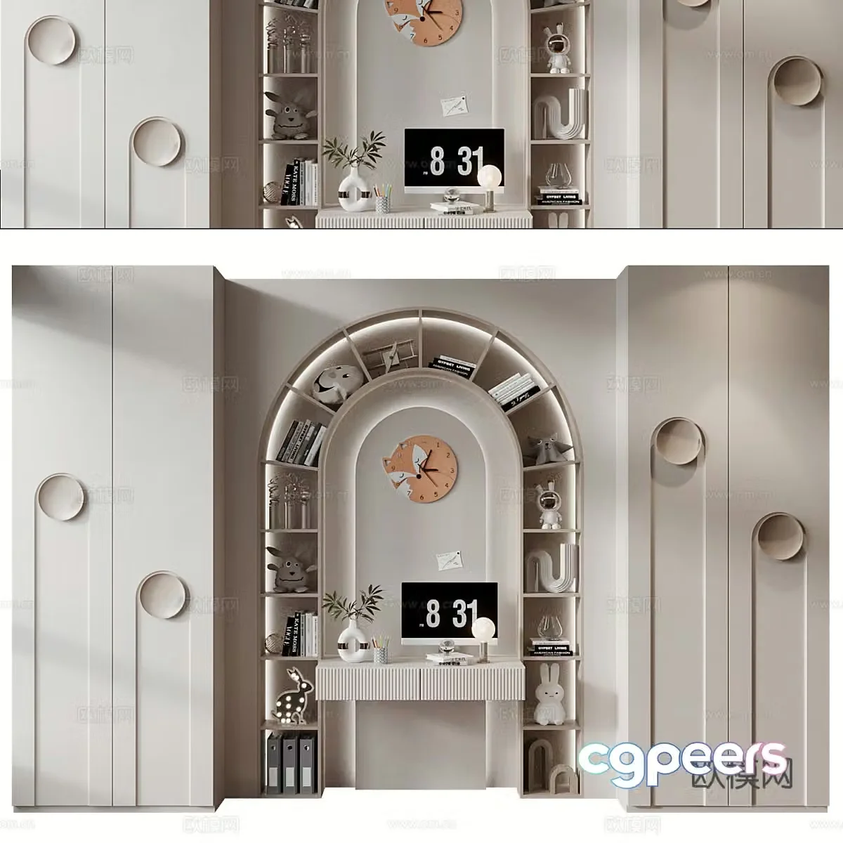 Modern cream style children’s bookcase children’s wardrobe combination 3D model