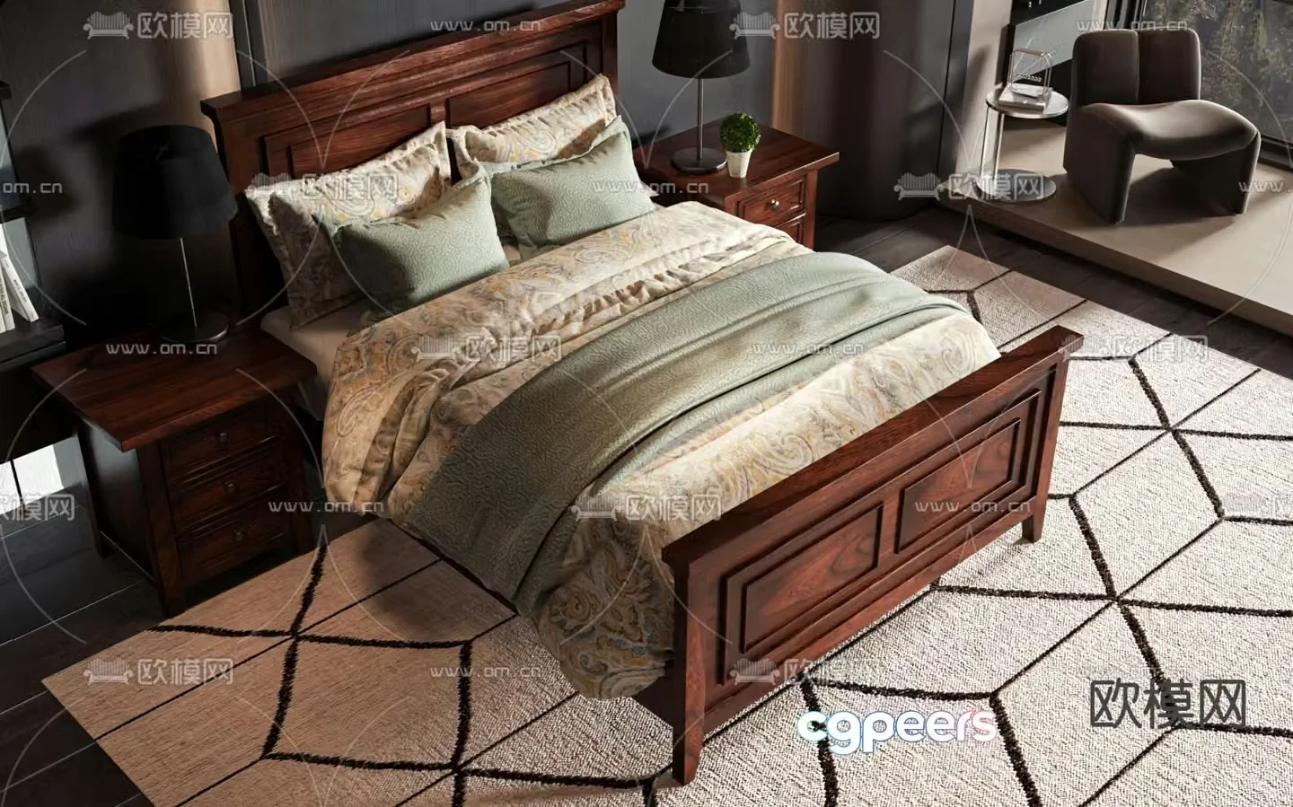 American double bed 3d model