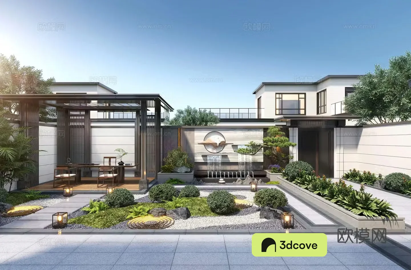 New Chinese style courtyard landscape family courtyard landscape sketch pavilion rockery waterscape landscape wall