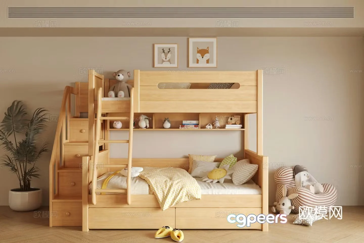 Children’s bed with upper and lower bunk beds with solid wood beds with high and low beds with multi-functional beds with dolls 3D model