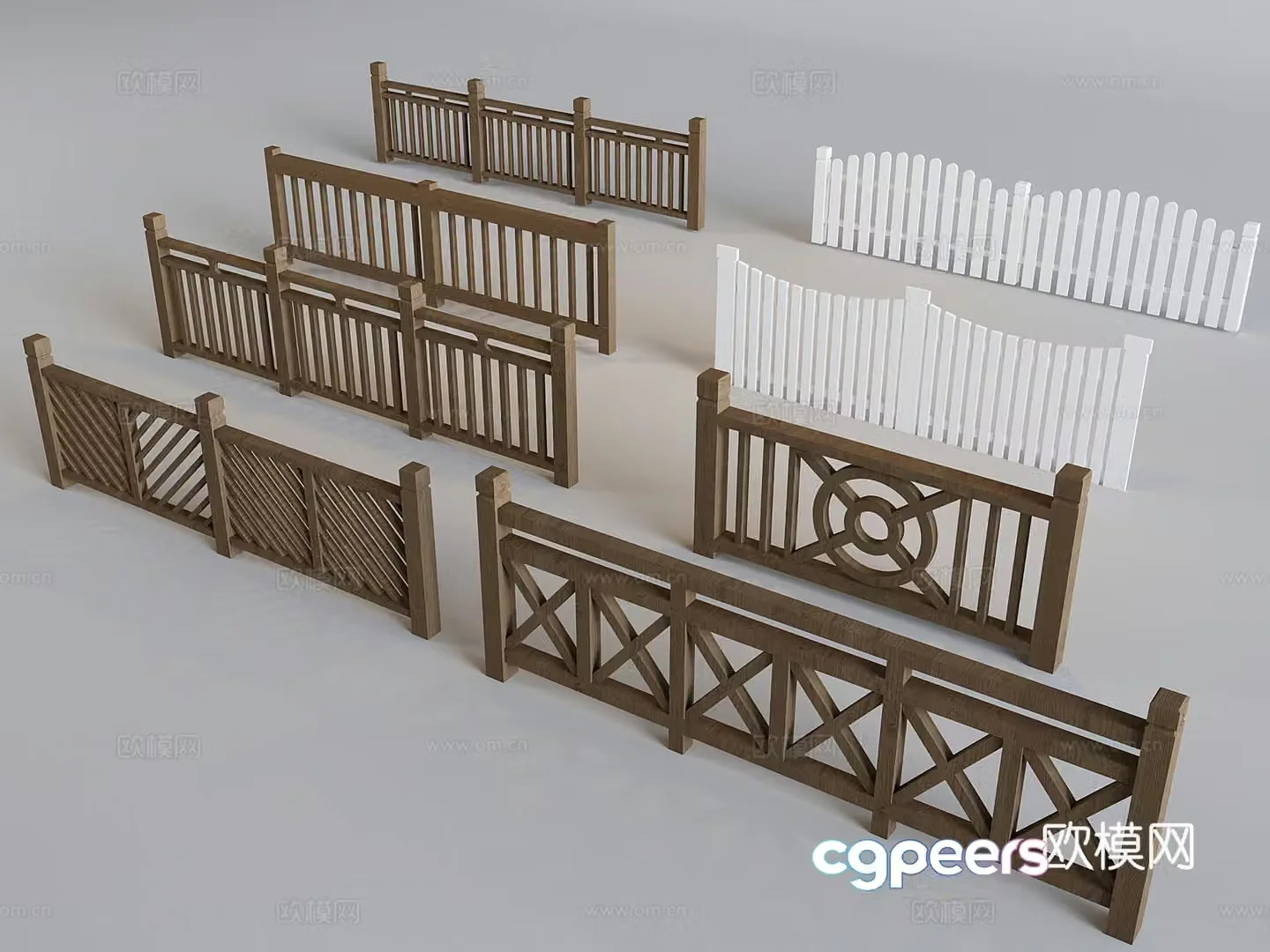 Chinese hollow stair railing guardrail courtyard fence solid wood stair handrail guardrail 3D model