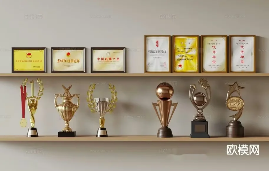 Trophies And Awards On Shelves 3D Model – 12418 – VRAY Render