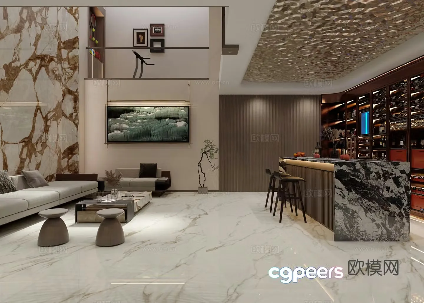 Modern villa basement wine cabinet bar leisure area 3d model