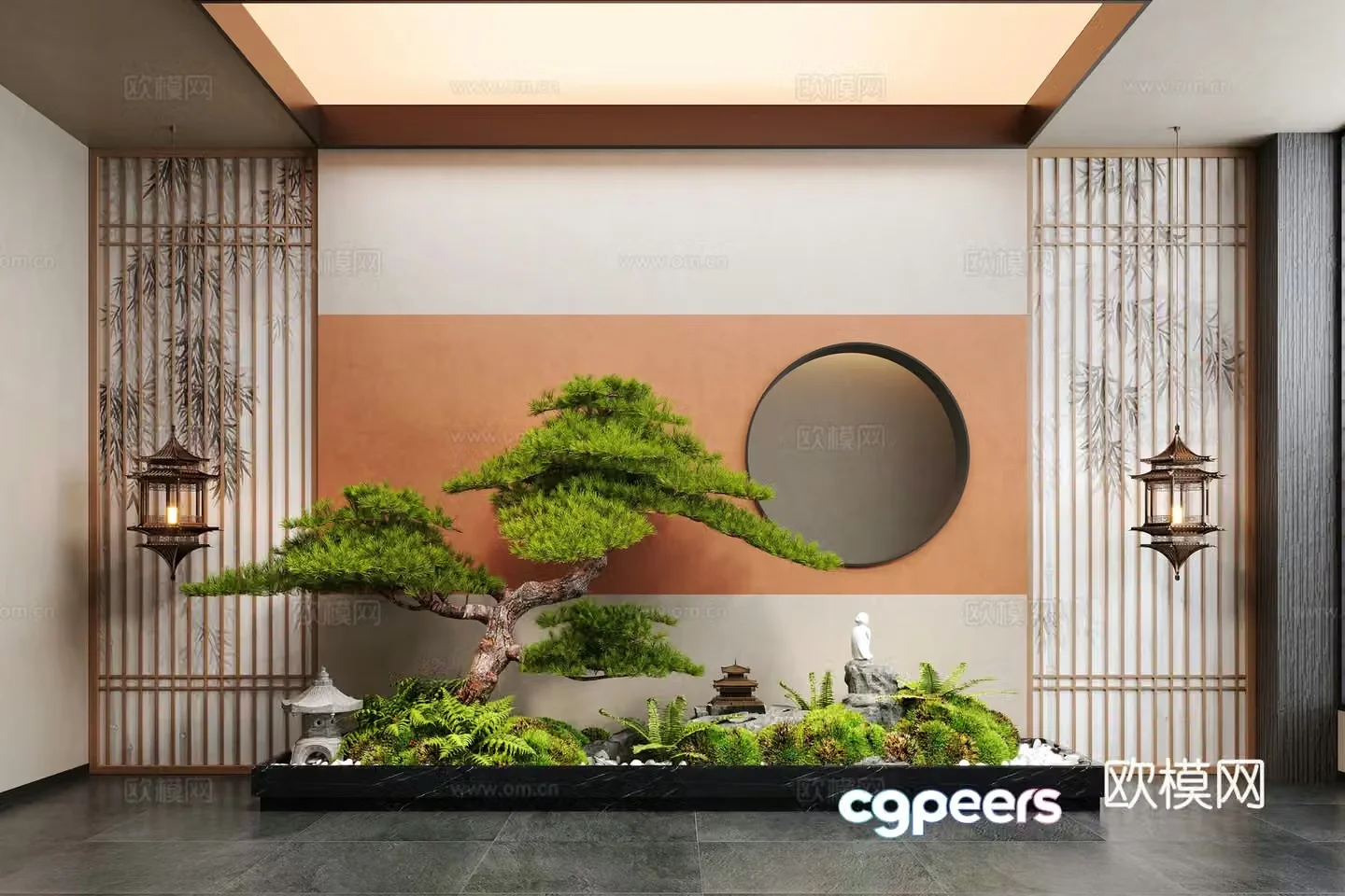 New Chinese style interior landscape plant landscaping pine moss landscape stone 3D model