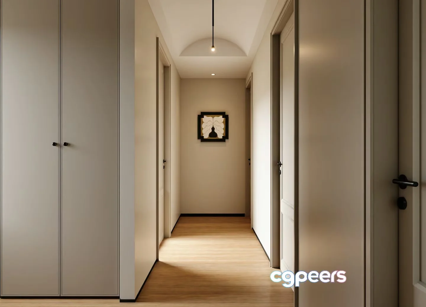 A Long Hallway With White Doors 3D Model – 23158 – VRAY Render