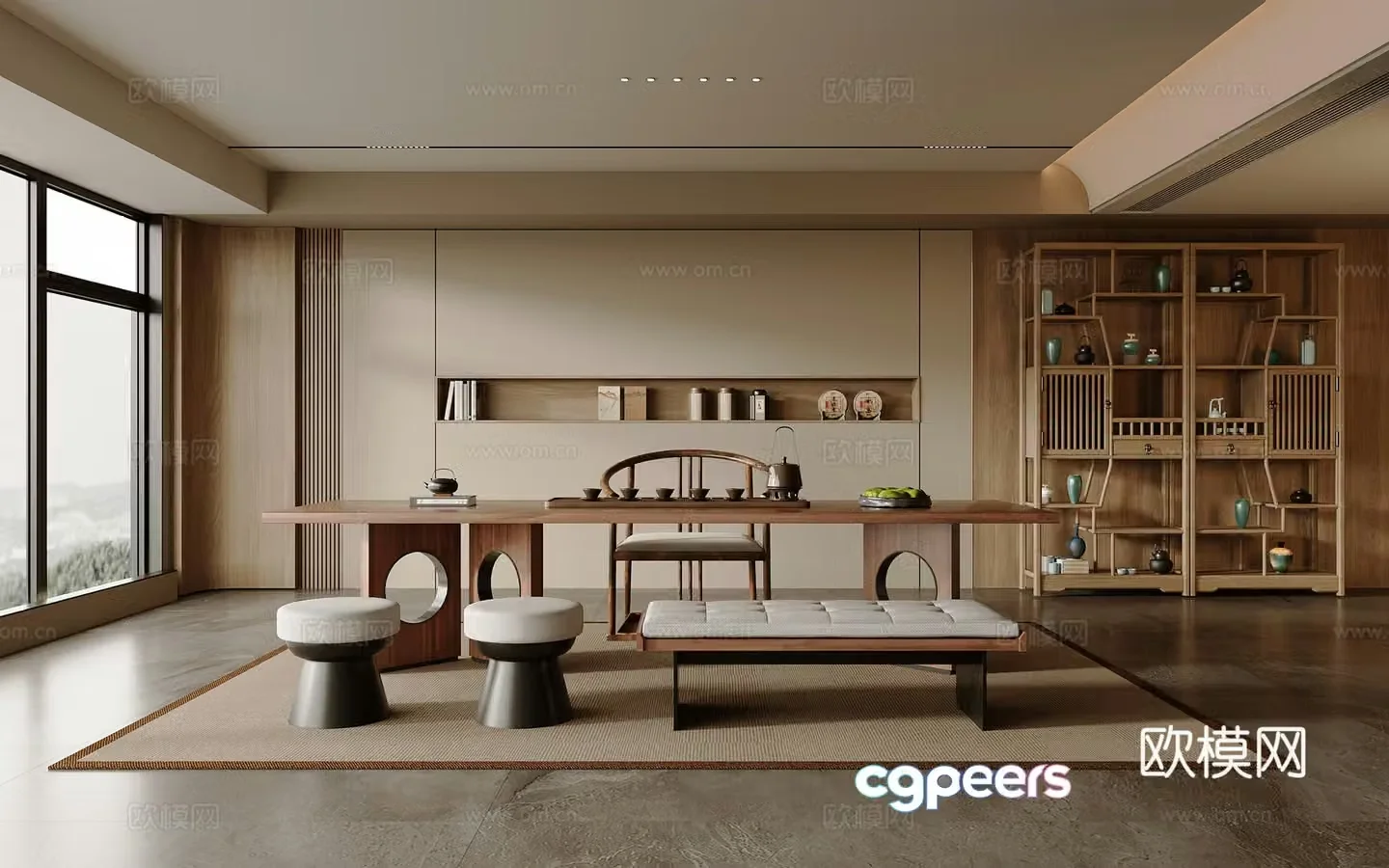 Solid wood tea table and chair combination large table and tea table tea set supplies decorative tea cabinet solid wood single chair 3D model