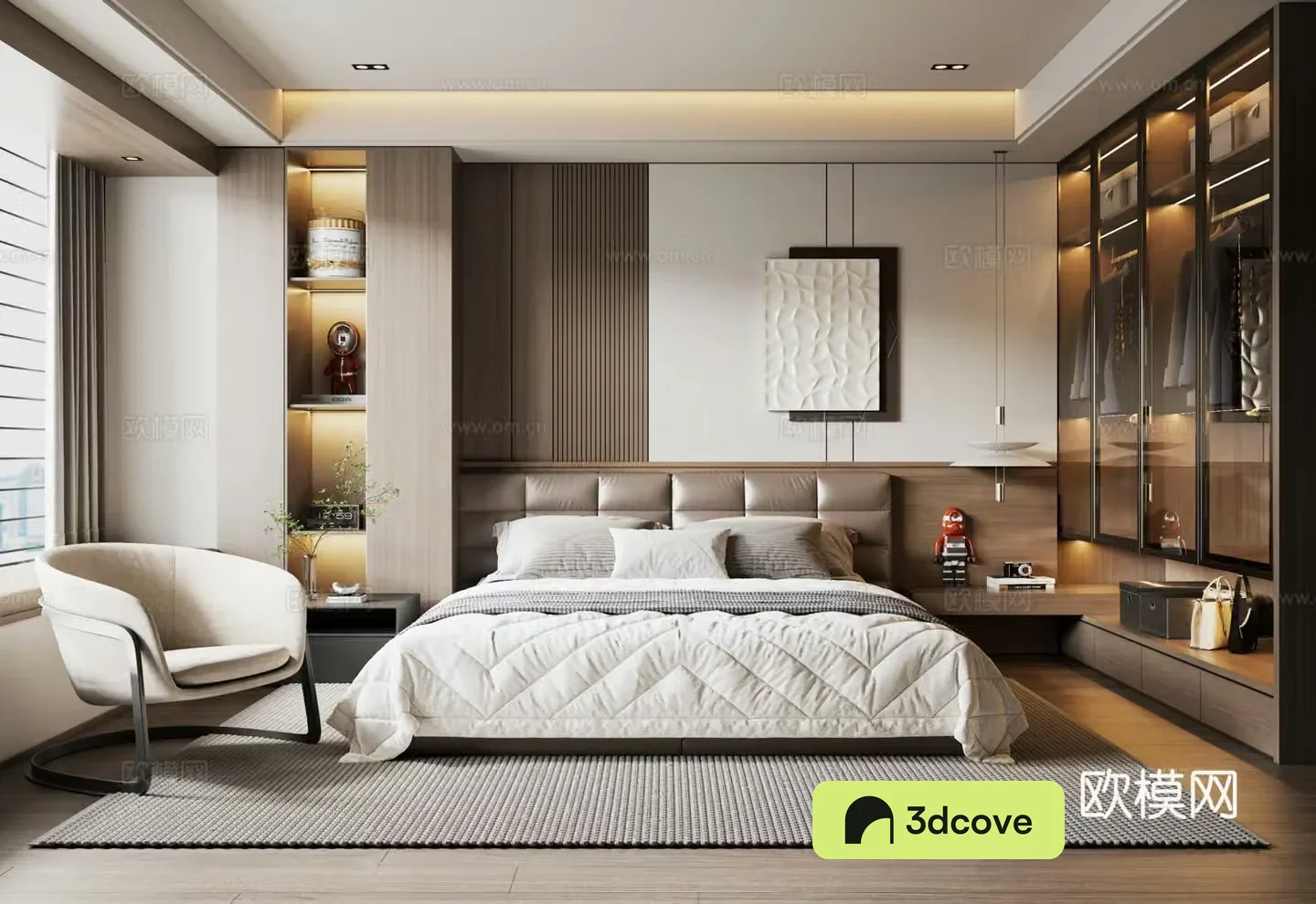 Modern Italian bedroom double bed leather bed wardrobe decorative cabinet bay window decorative painting lazy sand