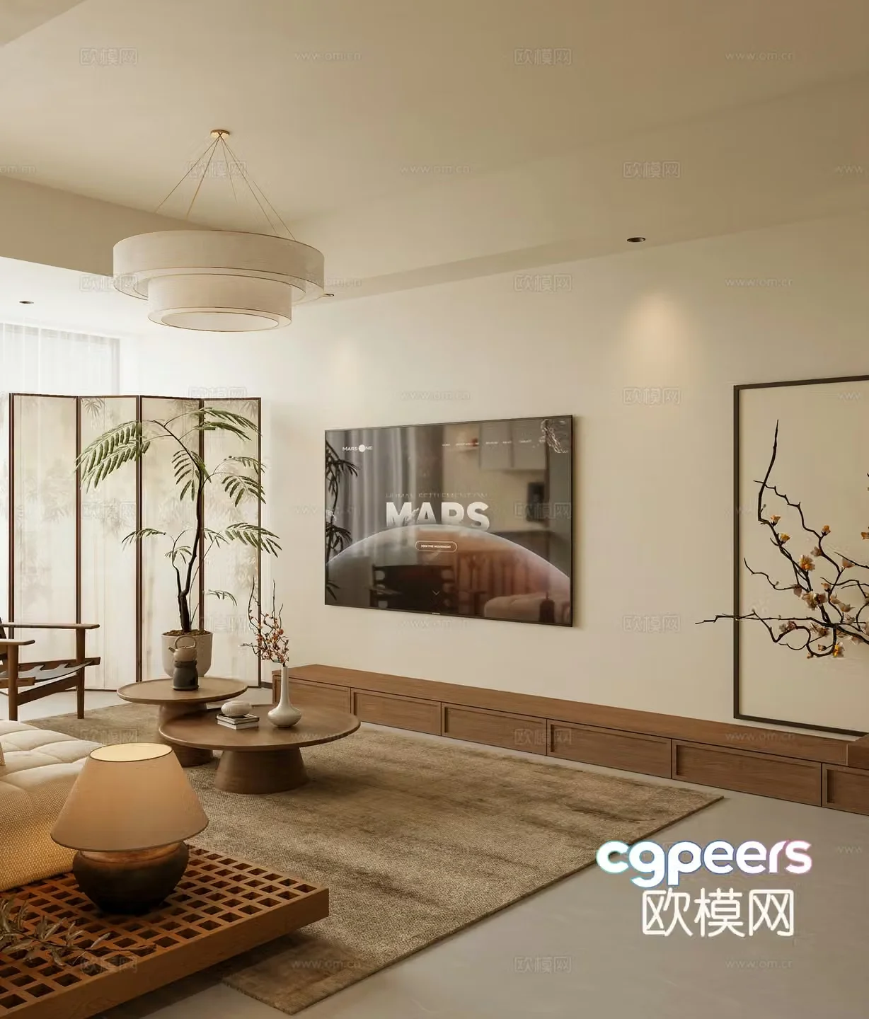 Middle style living room TV background wall TV cabinet screen partition Wasabi B&B New Chinese 3D model