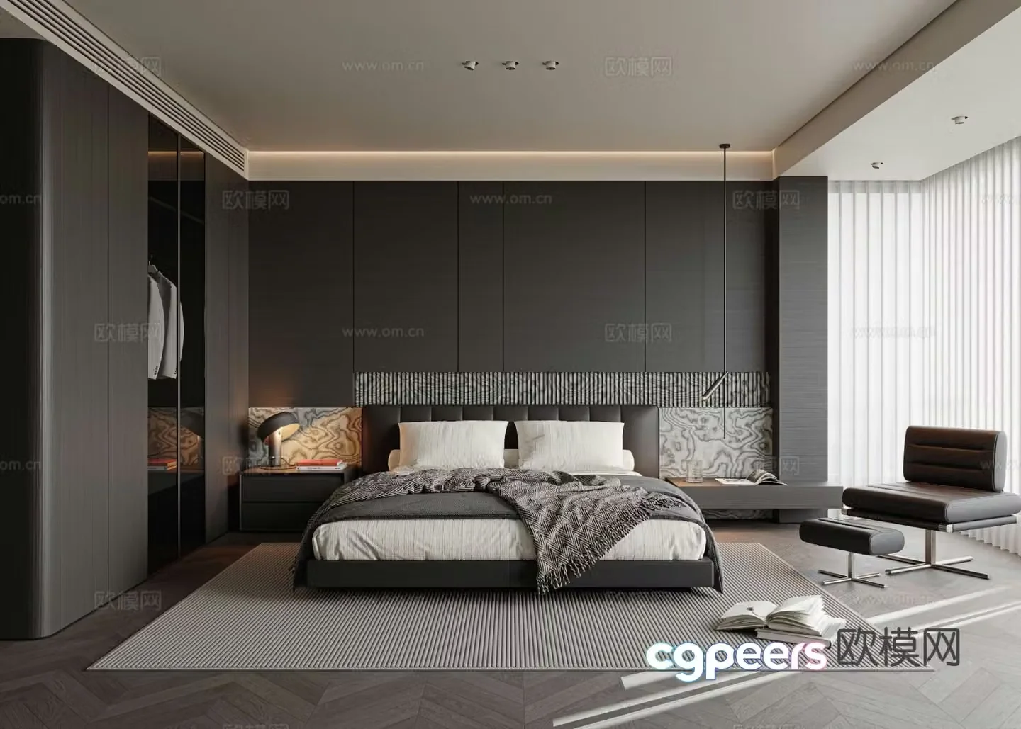 Italian modern bedroom master light master bedroom senior room leather double bed background wall 3d model