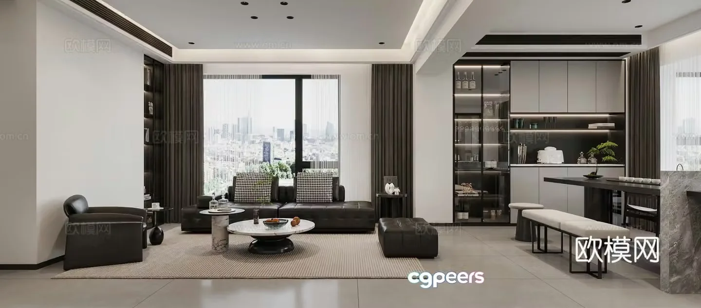 Modern black white and gray living room 3d model