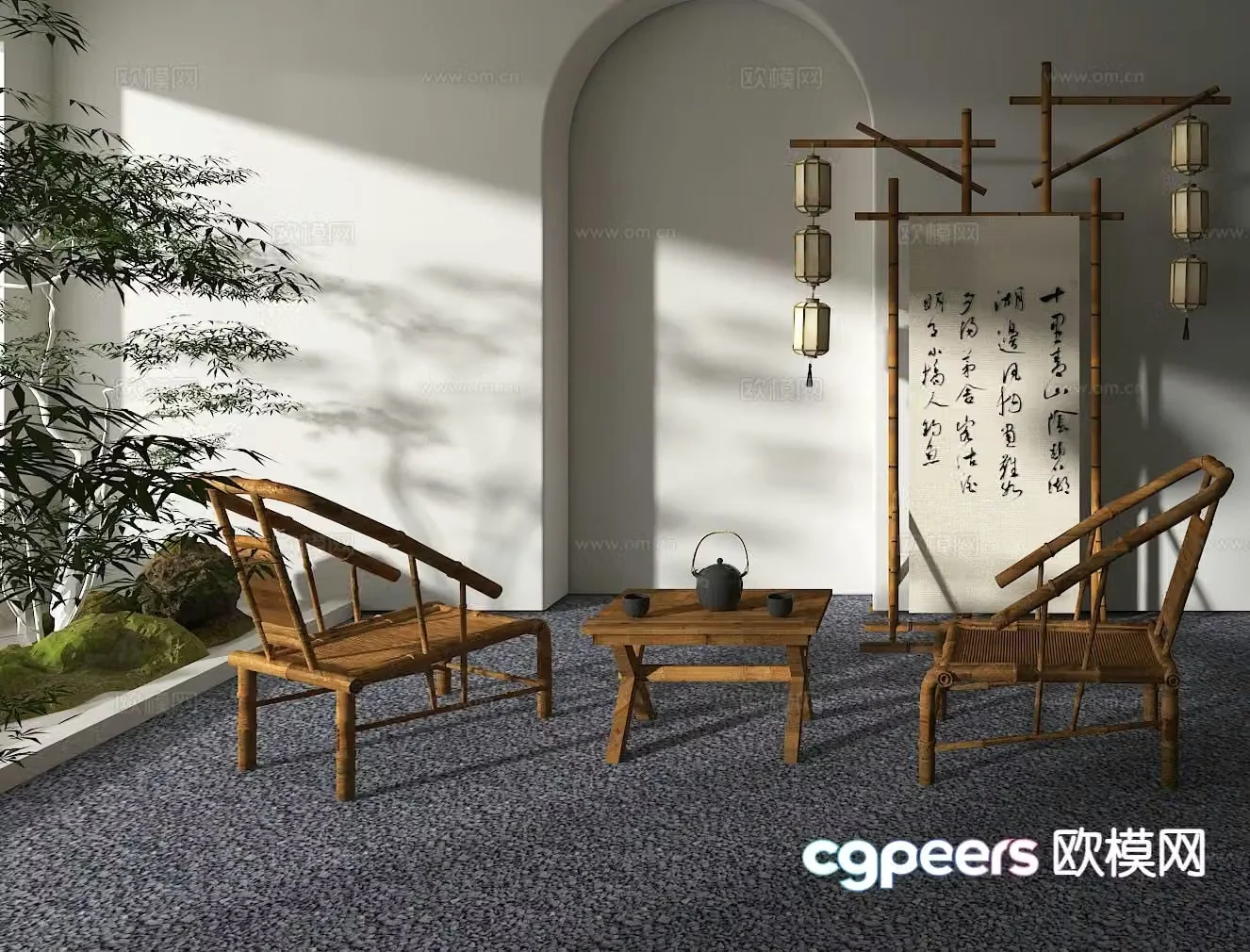 Chinese tea table and chair outdoor table and chair bamboo chair bamboo row table 3d model