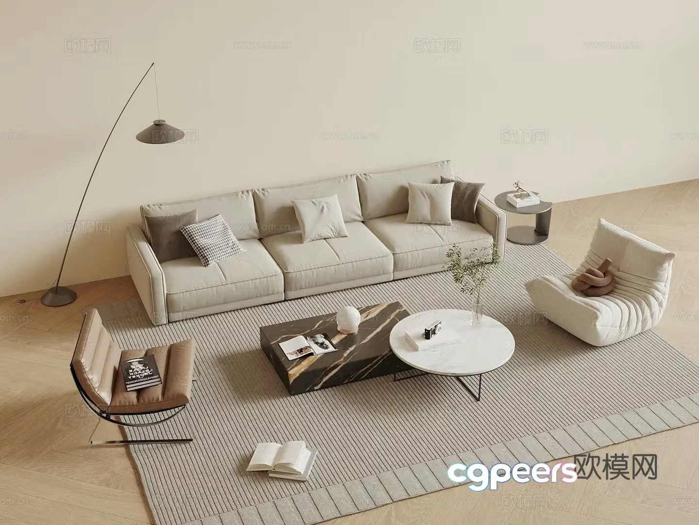 Modern cream style sofa coffee table combination single sofa leisure chair living room sofa floor lamp 3d model