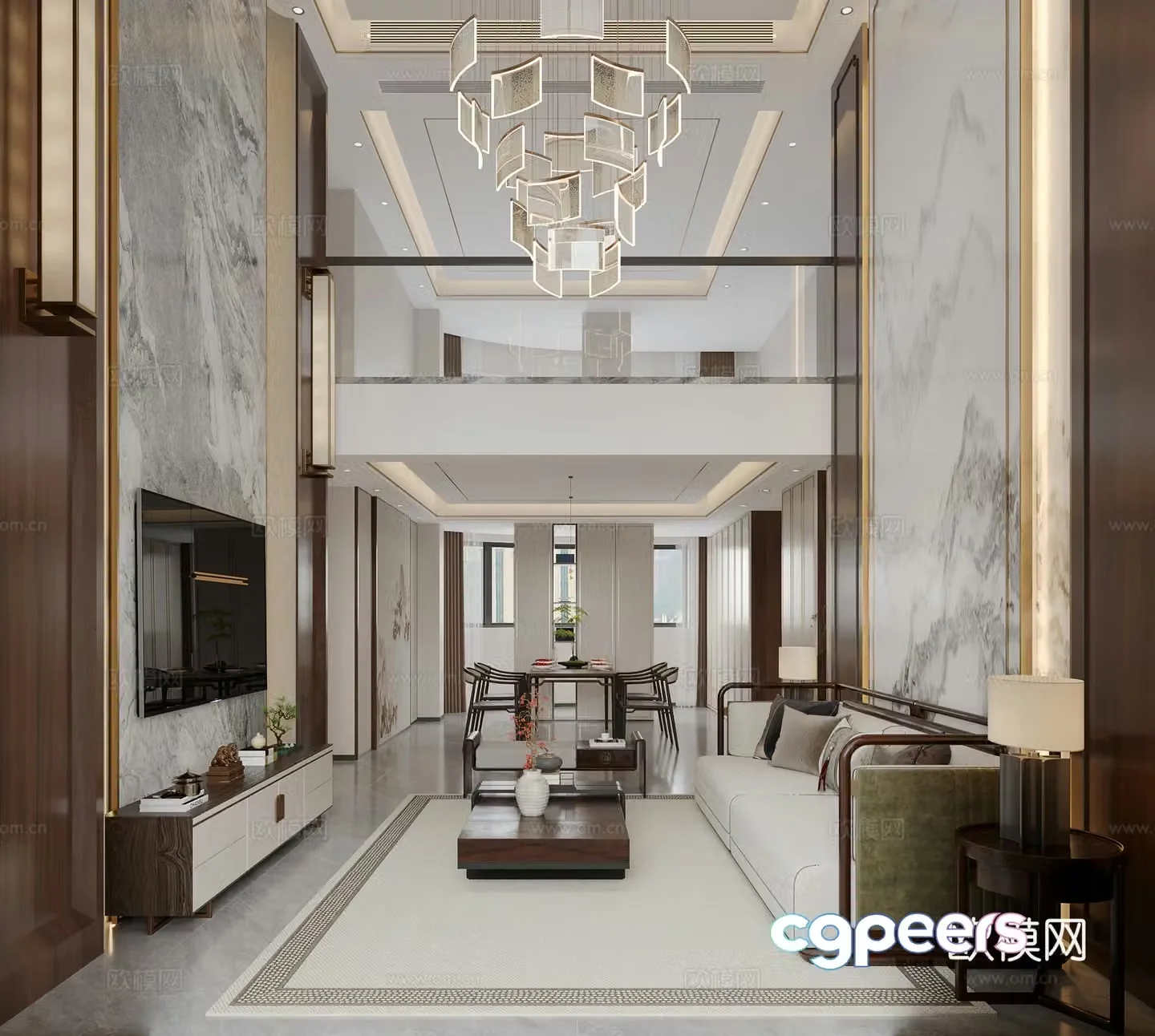New Chinese style high villa living room combination sofa TV background wall TV cabinet living and dining room 3D model
