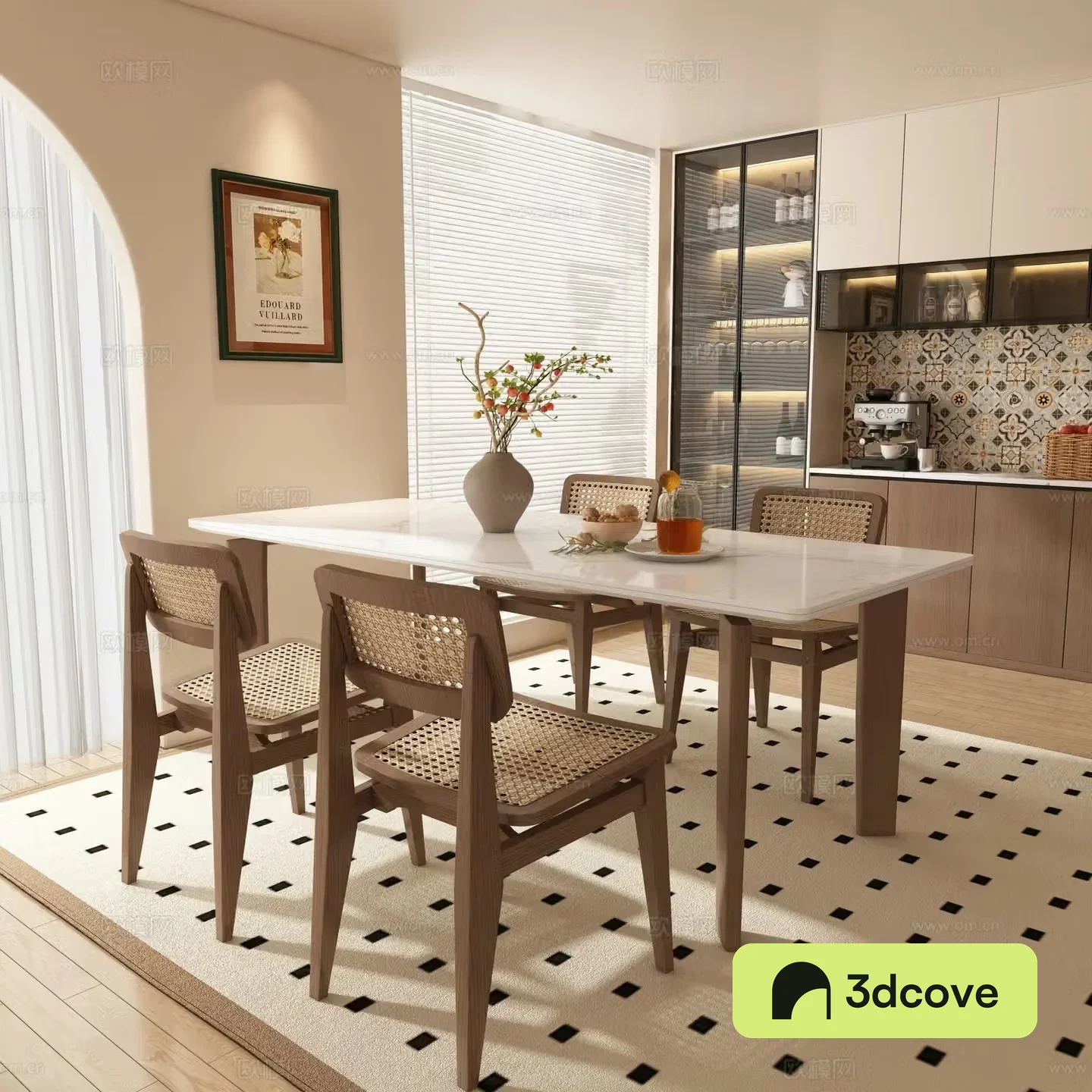 Medium style dining table and chairs strip dining table 3D model