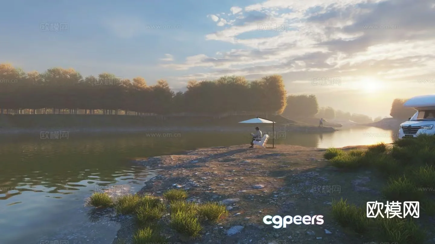 dusk early morning riverside scenery lakeside scenery 3d model