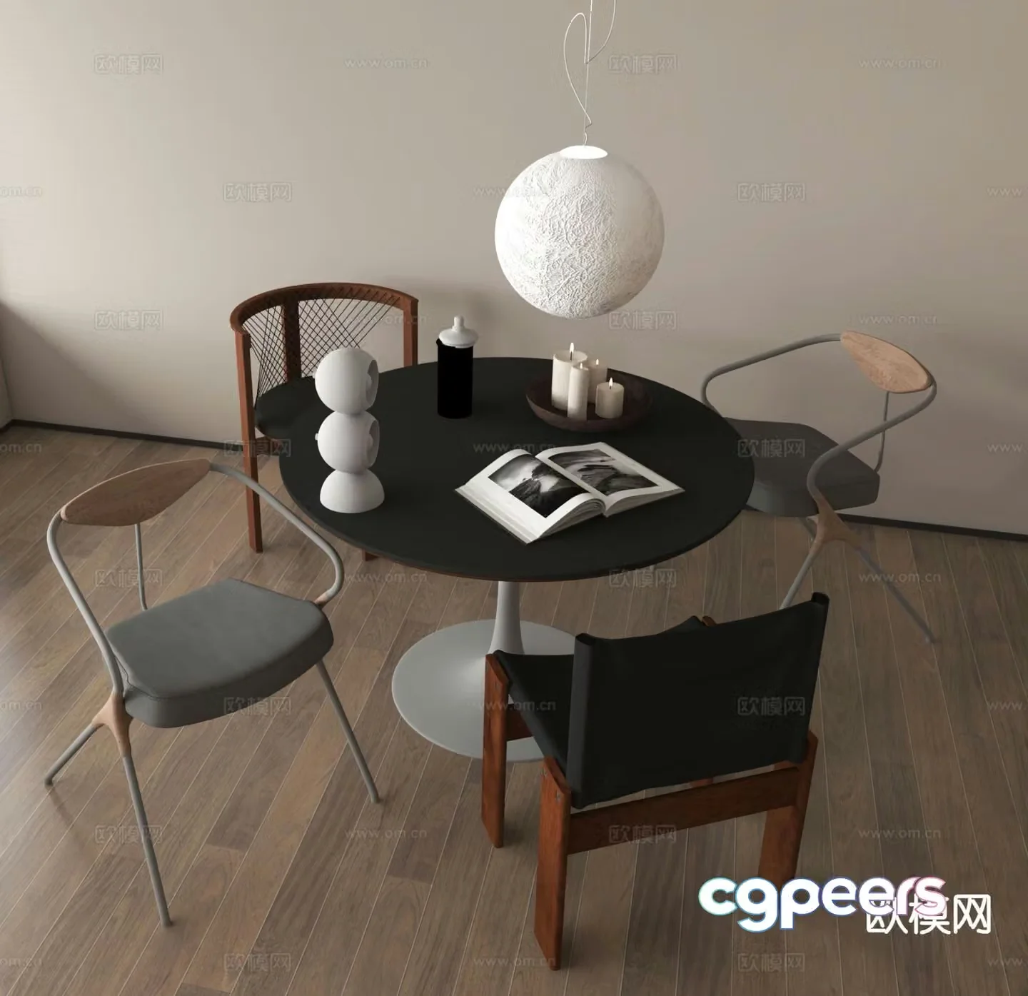 Industrial style dining table and chairs round table dining chair 3d model