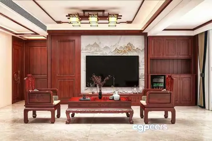 Traditional Asian Living Room 3D Model – 8975 – VRAY Render