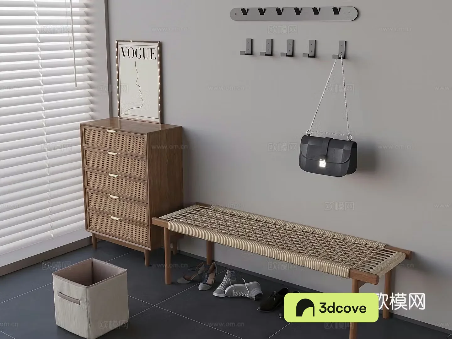 Middle-aged style rattan shoes changing stool rattan side cabinet storage cabinet Italian hook clothes hooks dirty bag 3D model