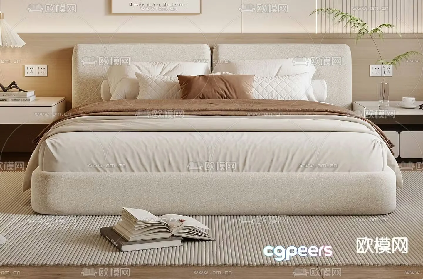 Cream style double bed 3d model