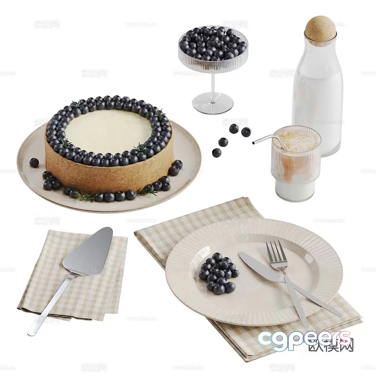 Blueberry cheesecake and coffee decoration 3d model